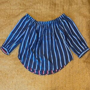 Blue and Grey Express Off the Shoulder Blouse